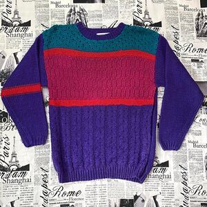 Ann Stevens Women's Blue pink Purple striped knit sweater vintage 80s handmade